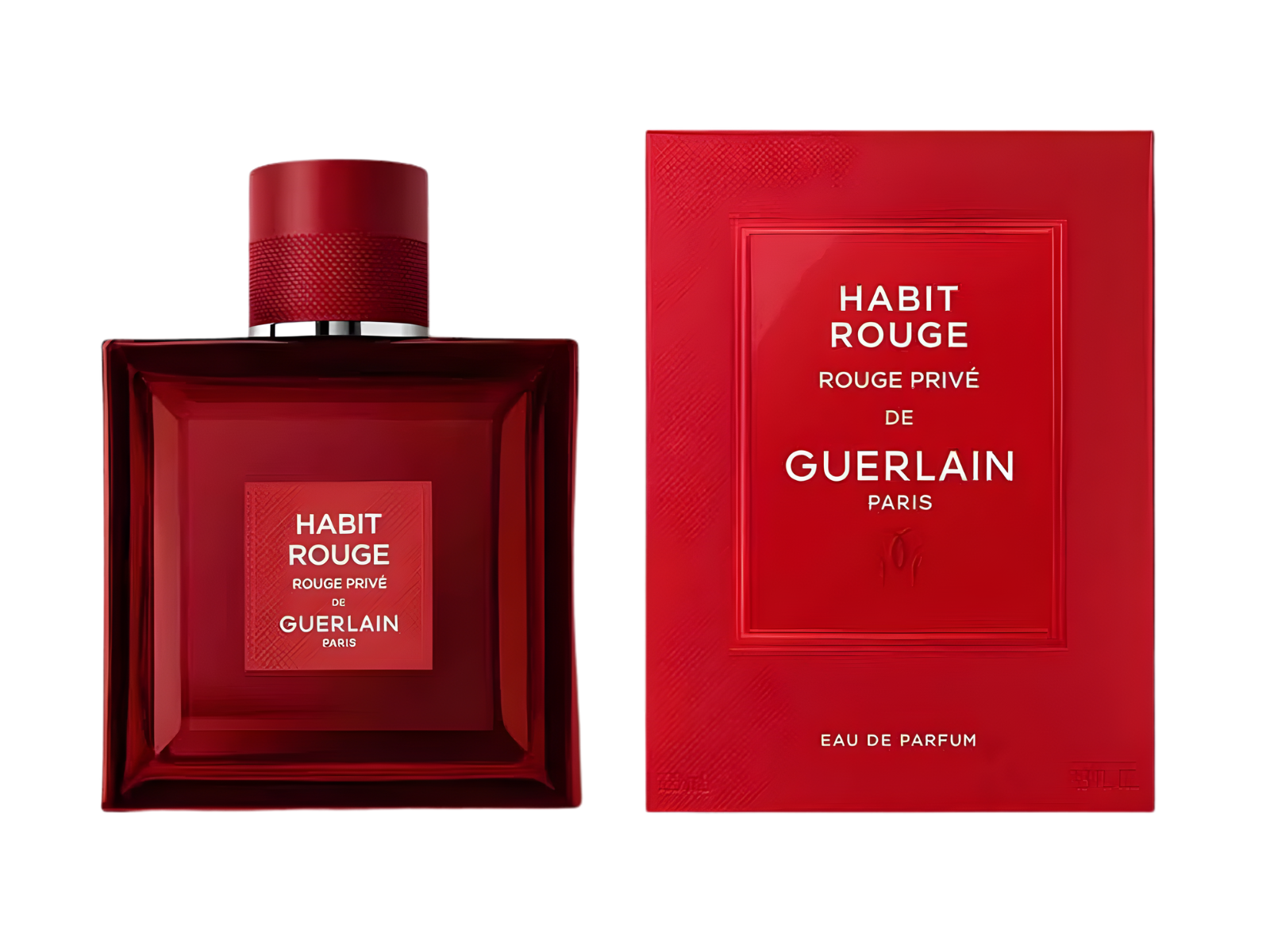 Red Guerlain perfume bottle and packaging on a white background