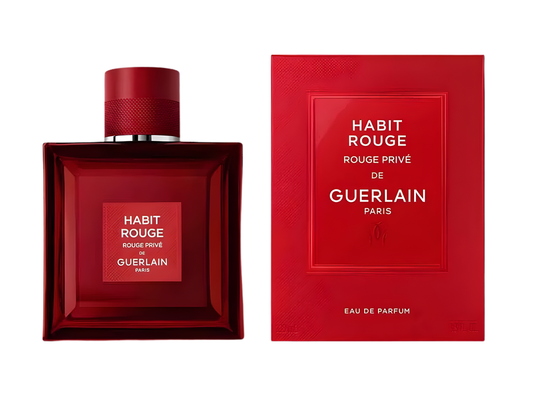 Red Guerlain perfume bottle and packaging on a white background