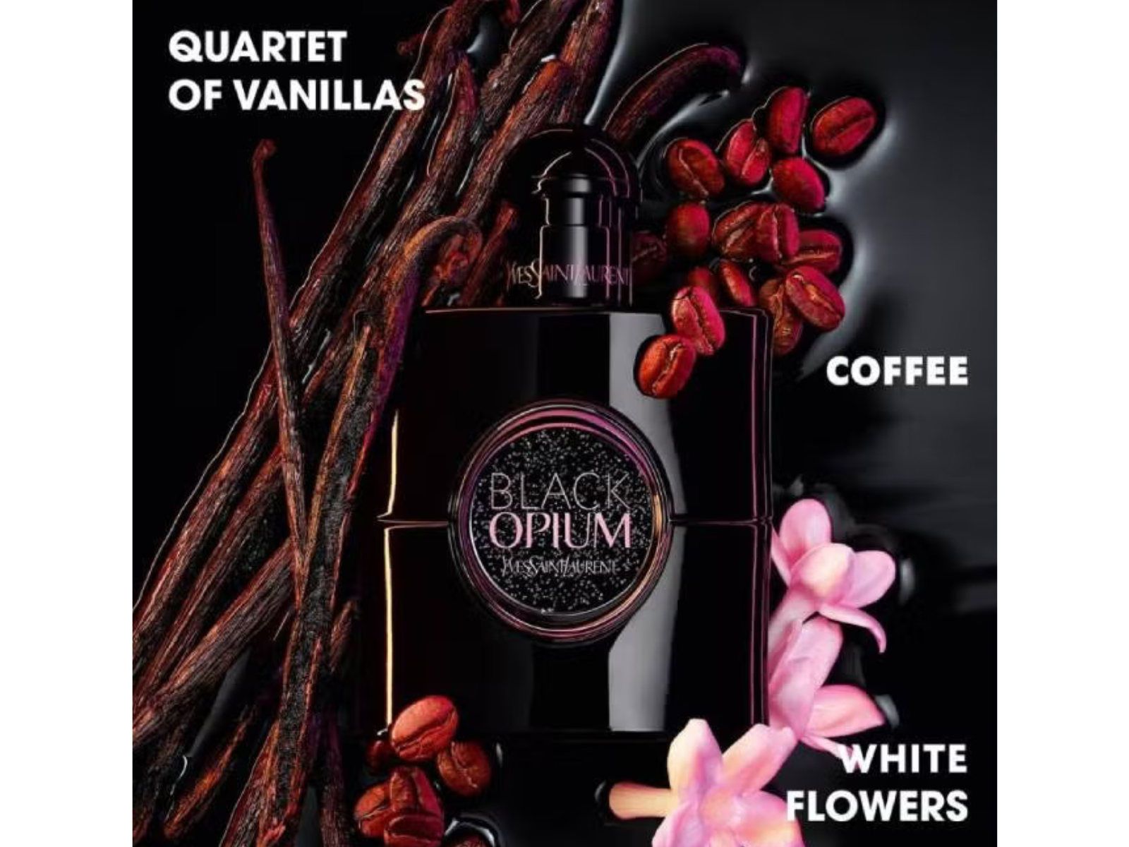 Black Opium perfume bottle with vanilla beans, coffee beans, and white flowers on a dark background.
