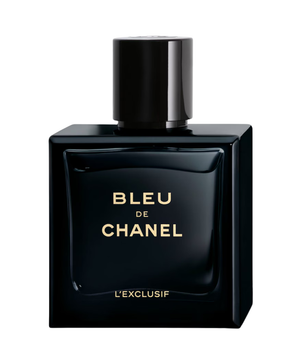 Black perfume bottle labeled 'Bleu de Chanel' on a white background