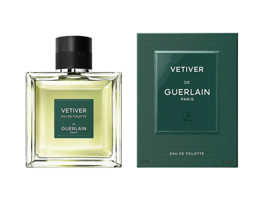 Guerlain Vetiver perfume bottle and packaging on a white background