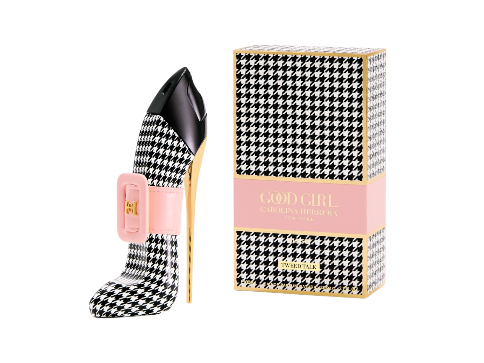 Black and white houndstooth patterned high-heeled shoe with pink heel and matching box on a white background