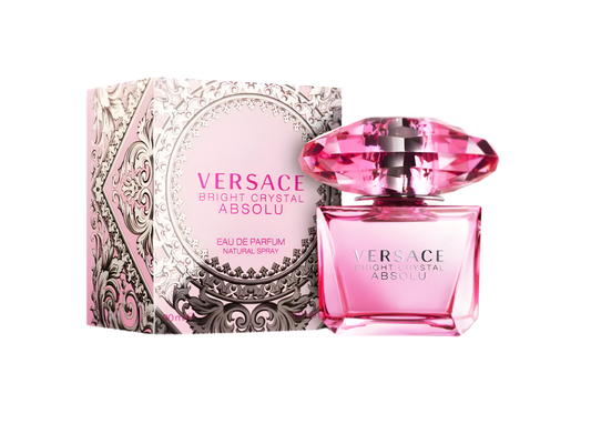 Versace Bright Crystal Absolu perfume bottle and packaging on a white background