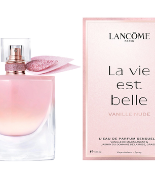 Lancome La Vie Est Belle Vanille Nude perfume bottle and packaging on a white background