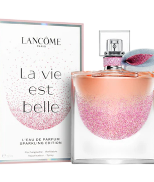 Lancome La Vie Est Belle perfume bottle and packaging on a white background