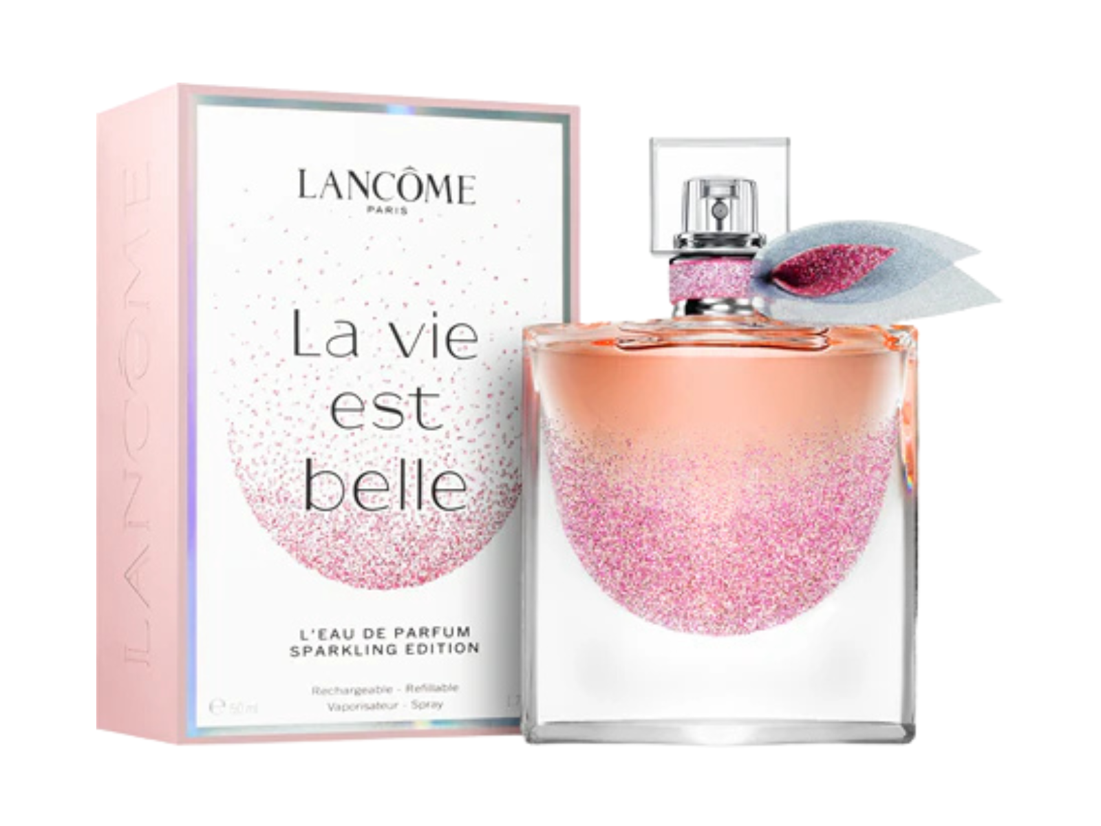Lancome La Vie Est Belle perfume bottle and packaging on a white background