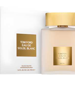 Tom Ford Eau de Soleil Blanc perfume bottle and packaging on a white background