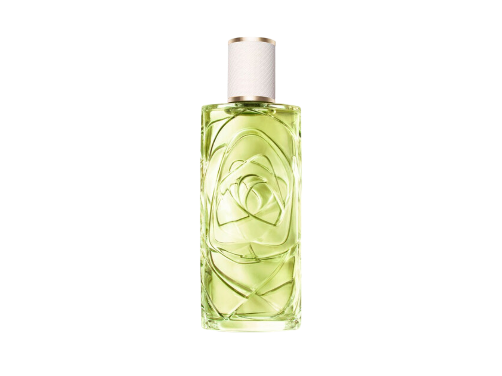 Perfume bottle with floral design on a white background