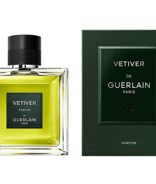 Guerlain Vetiver perfume bottle and packaging on a white background