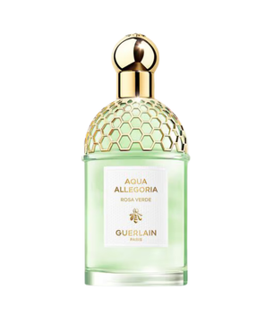 Green perfume bottle with gold cap on a white background