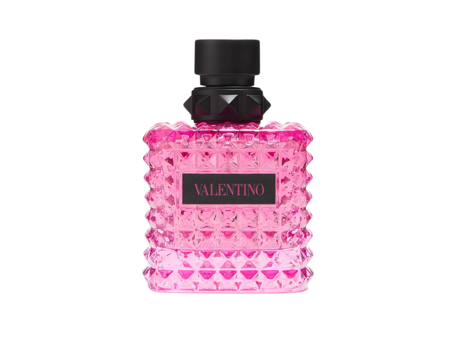 Pink perfume bottle with black cap on a white background