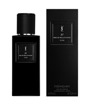 Black Yves Saint Laurent perfume bottle and packaging on a white background