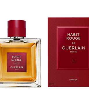 Habit Rouge Guerlain perfume bottle and packaging on a white background