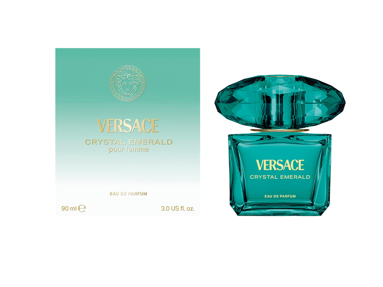 Versace Crystal Emerald perfume bottle and packaging on a white background