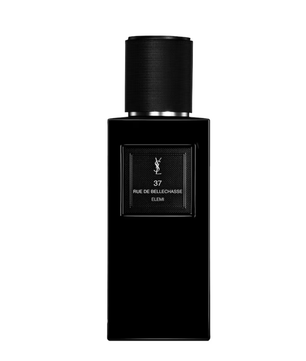 Black perfume bottle with visible brand name on a white background