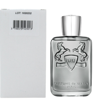 Perfume bottle with packaging featuring a brand logo on a white background
