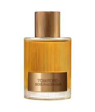 Tom Ford perfume bottle with gold cap and label on a white background