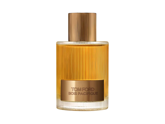 Tom Ford perfume bottle with gold cap and label on a white background