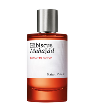 Perfume bottle labeled 'Hibiscus Mahajad' by Maison Crioult on a white background