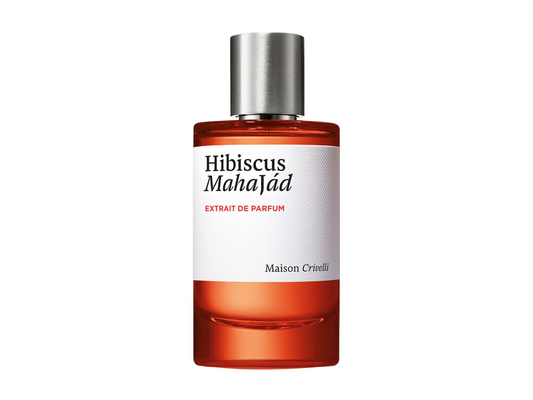 Perfume bottle labeled 'Hibiscus Mahajad' by Maison Crioult on a white background