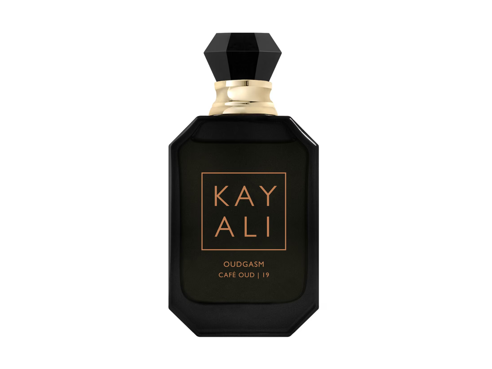 Black perfume bottle with gold accents on a white background