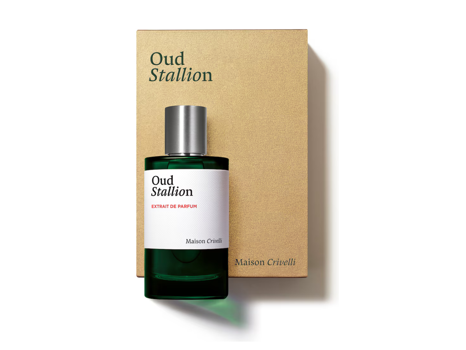 Perfume bottle labeled 'Oud Stallion' by Maison Crivelli with a matching box on a white background.