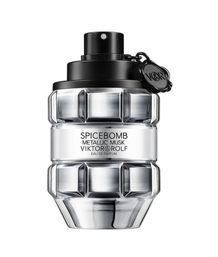 Spicebomb metallic musk perfume bottle by Viktor & Rolf on a white background