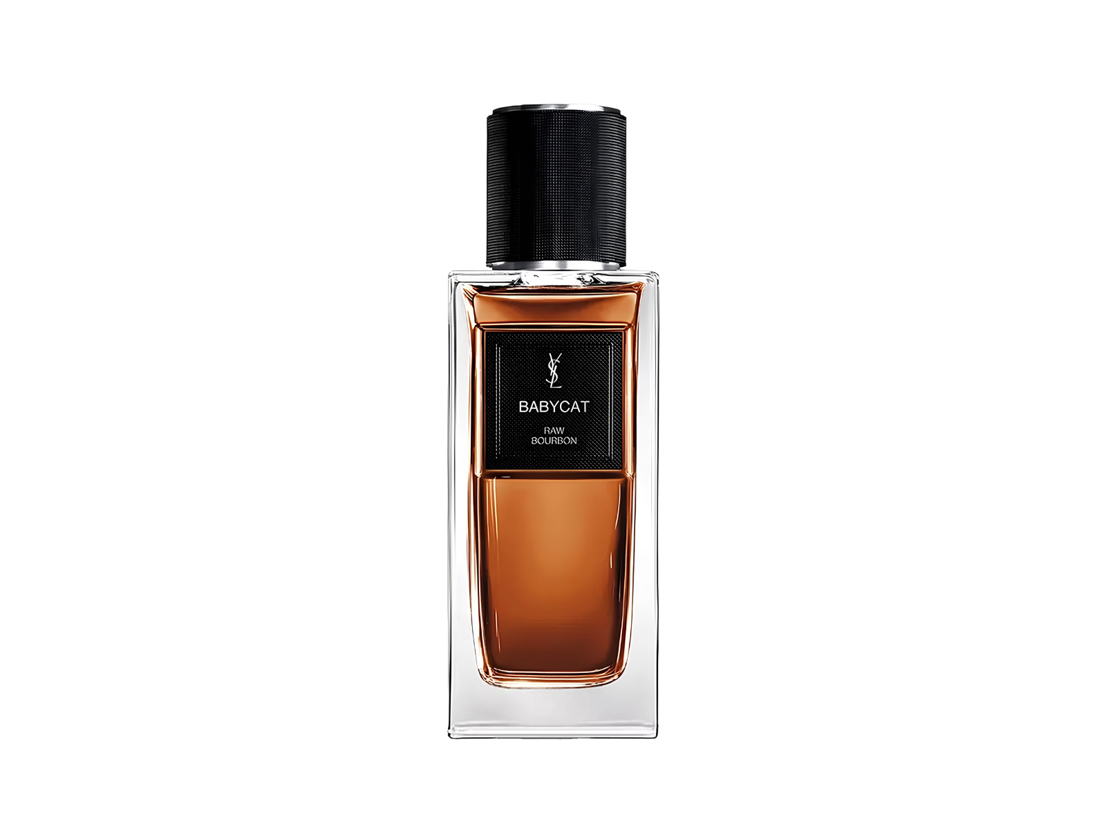 Perfume bottle with black cap and clear glass body on a white background