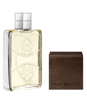 Maybach perfume bottle and wooden box on a white background