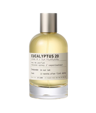 Perfume bottle labeled 'Eucalyptus 20' on a white background