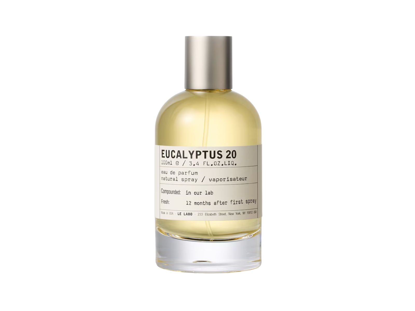 Perfume bottle labeled 'Eucalyptus 20' on a white background