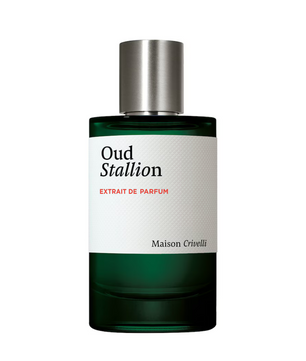 Perfume bottle labeled 'Oud Stallion' by Maison Crivelli on a white background