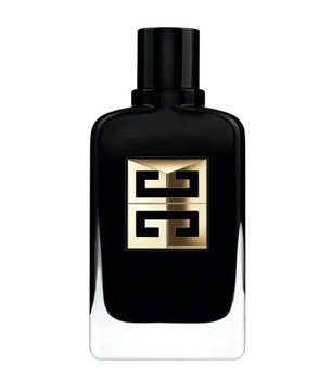 Black perfume bottle with gold logo on a white background