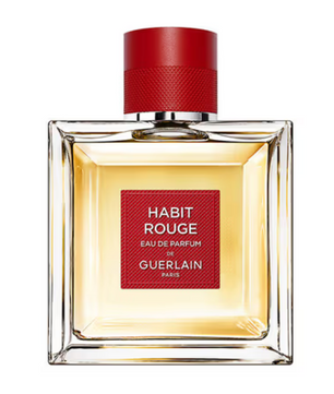 Guerlain Habit Rouge perfume bottle with red cap on a white background