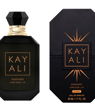 Black perfume bottle and packaging with 'KAY ALI' branding on a white background