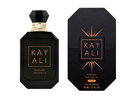 Black perfume bottle and packaging with 'KAY ALI' branding on a white background