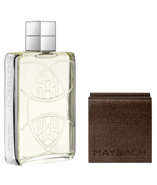 Maybach perfume bottle and wooden box on a white background