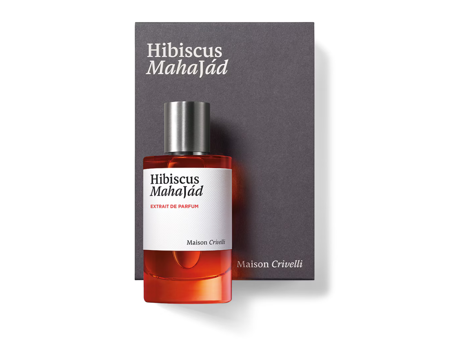 Maison Crivelli Hibiscus Mahajad perfume bottle and packaging on a white background