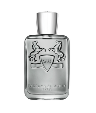 Perfume bottle with silver cap and branding on a white background