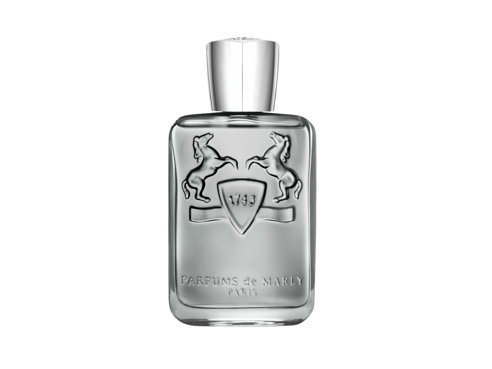 Perfume bottle with silver cap and branding on a white background
