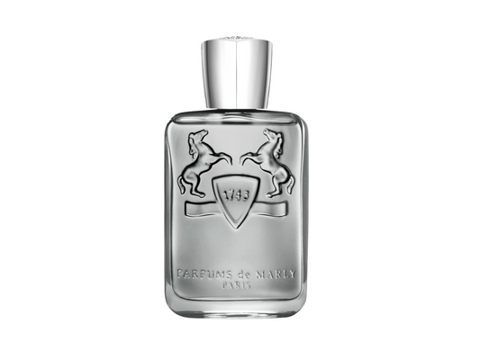 Perfume bottle with silver cap and branding on a white background