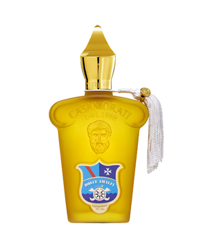Yellow perfume bottle with gold cap on a white background
