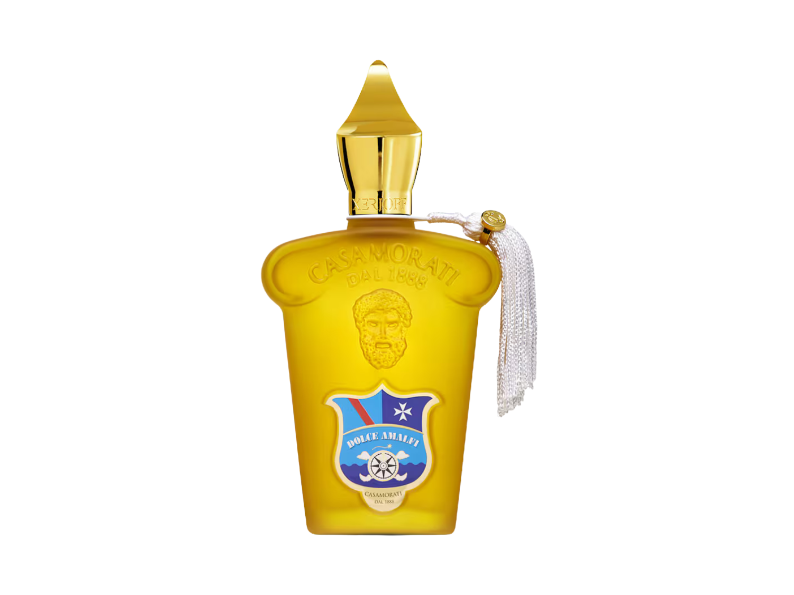 Yellow perfume bottle with gold cap on a white background