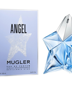Mugler Angel perfume bottle and packaging on a white background