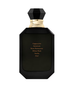 Black perfume bottle with gold cap on a white background