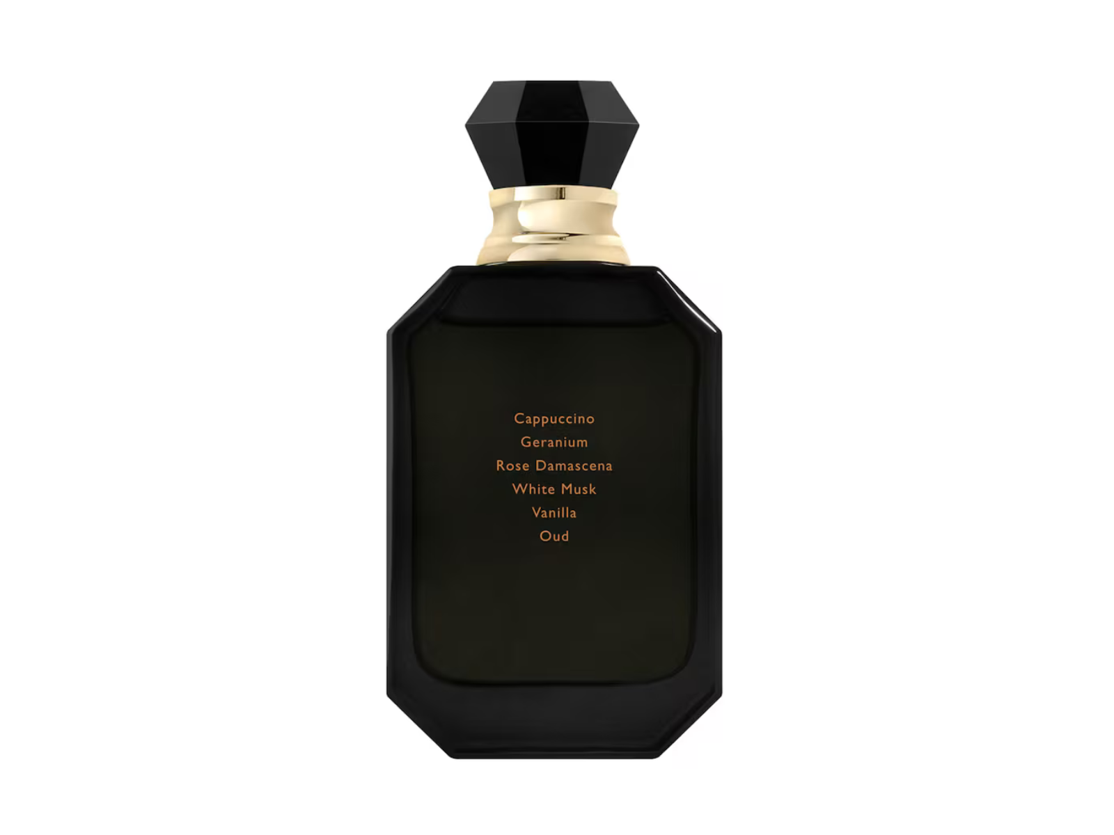 Black perfume bottle with gold cap on a white background