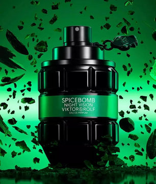 Viktor & Rolf Spicebomb Night Vision perfume bottle on a green background with leaves.