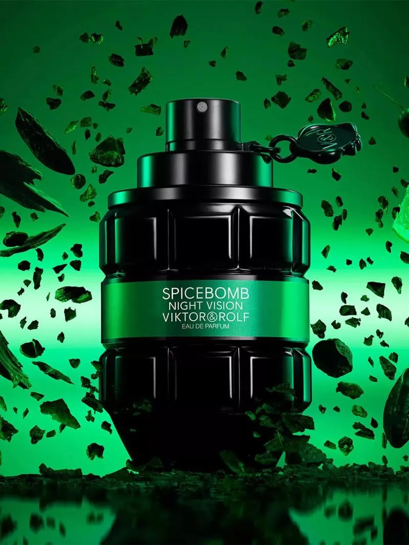 Viktor & Rolf Spicebomb Night Vision perfume bottle on a green background with leaves.