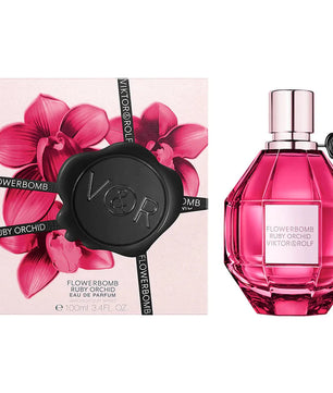 Viktor & Rolf Flowerbomb Ruby Orchid perfume bottle and packaging on a white background