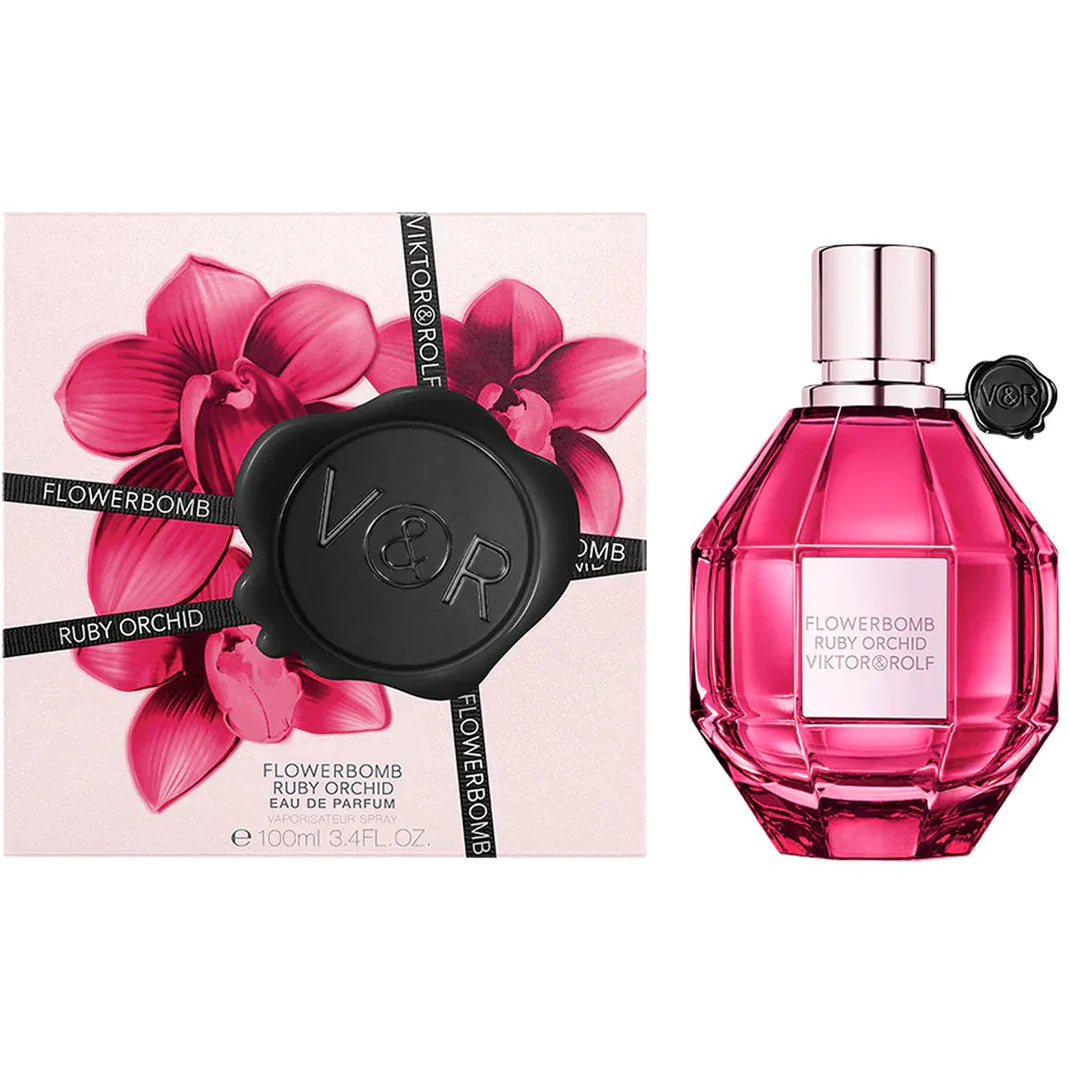 Viktor & Rolf Flowerbomb Ruby Orchid perfume bottle and packaging on a white background